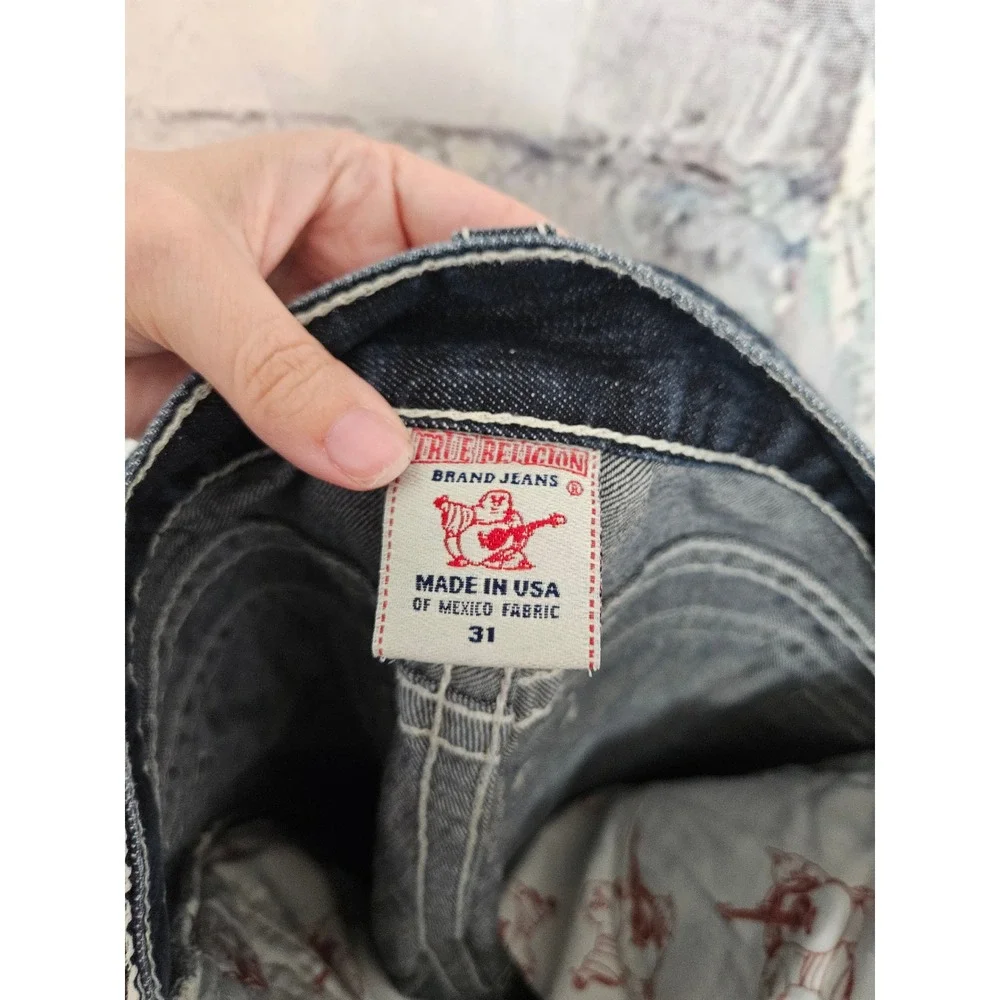 True‎ Religion Super T Straight Leg Jeans 31 Dark Blue White Thick Stitch Y2K